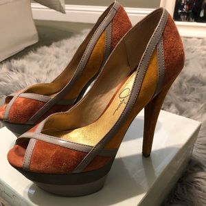 Jessica Simpson Burnt Sienna Combo Heels, Size 6.